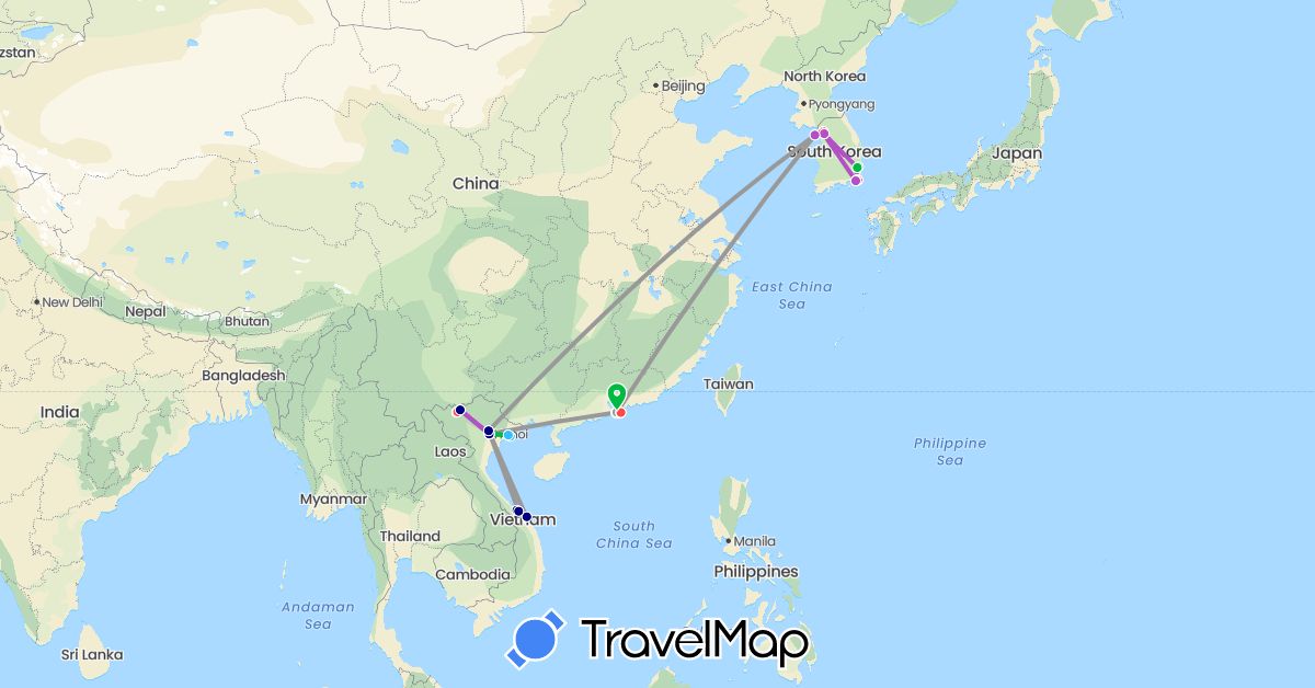 TravelMap itinerary: driving, bus, plane, train, hiking, boat in Hong Kong, South Korea, Vietnam (Asia)
